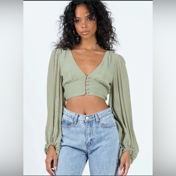 Princess Polly Tops - Princess Polly Sage Green Long Sleeve Crop Top